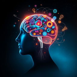 A conceptual artwork capturing the essence of understanding the power of the human mind, featuring a side profile of a human head, with the interior replaced by an intricate, glowing brain filled with vibrant colors like indigo, emerald, and fiery orange, symbolizing deep thought and creativity