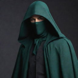 Update the male character's hat, incorporating a long, flowing veil that covers his face, adding a layer of mystique. Both pieces are elegantly accented with dark green.