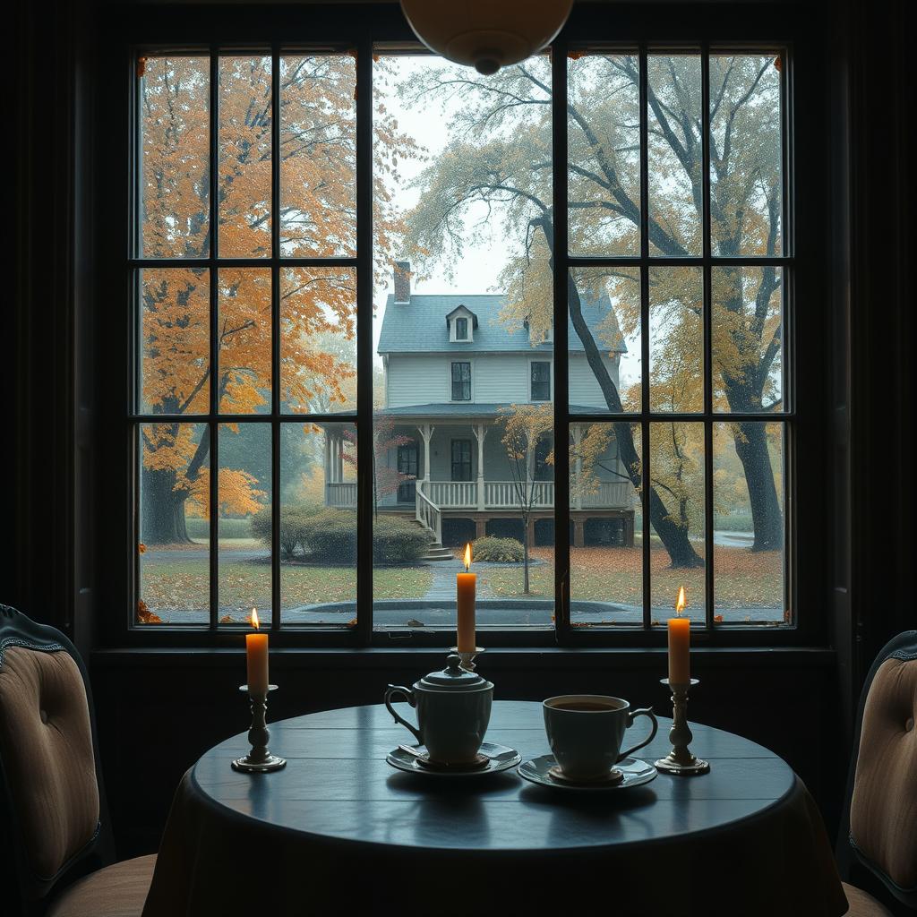 An image depicting an antique café table set with coffee and candles, bathed in dim light