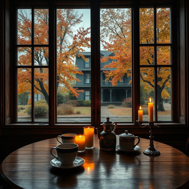 An image depicting an antique café table set with coffee and candles, bathed in dim light