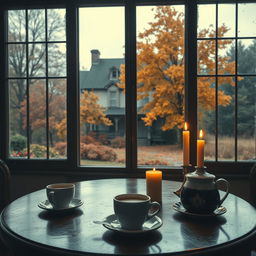 An image depicting an antique café table set with coffee and candles, bathed in dim light