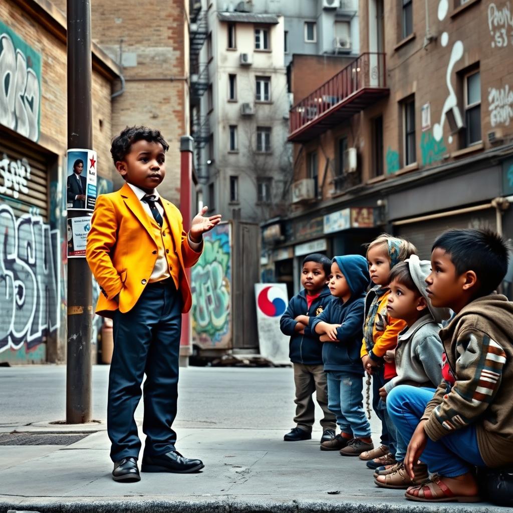 A successful child standing confidently on a city street corner, delivering an inspiring speech to a group of street children who are listening intently