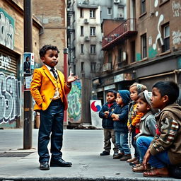 A successful child standing confidently on a city street corner, delivering an inspiring speech to a group of street children who are listening intently