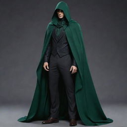 Update the male character's hat, incorporating a long, flowing veil that covers his face, adding a layer of mystique. Both pieces are elegantly accented with dark green.