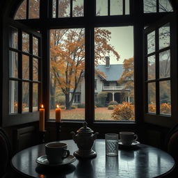 An image depicting an antique café table set with coffee and candles, bathed in dim light