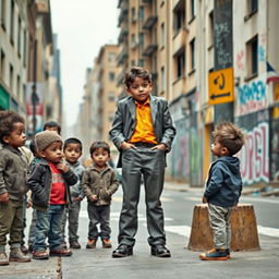 A successful child standing confidently on a city street corner, delivering an inspiring speech to a group of street children who are listening intently