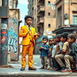 A successful child standing confidently on a city street corner, delivering an inspiring speech to a group of street children who are listening intently