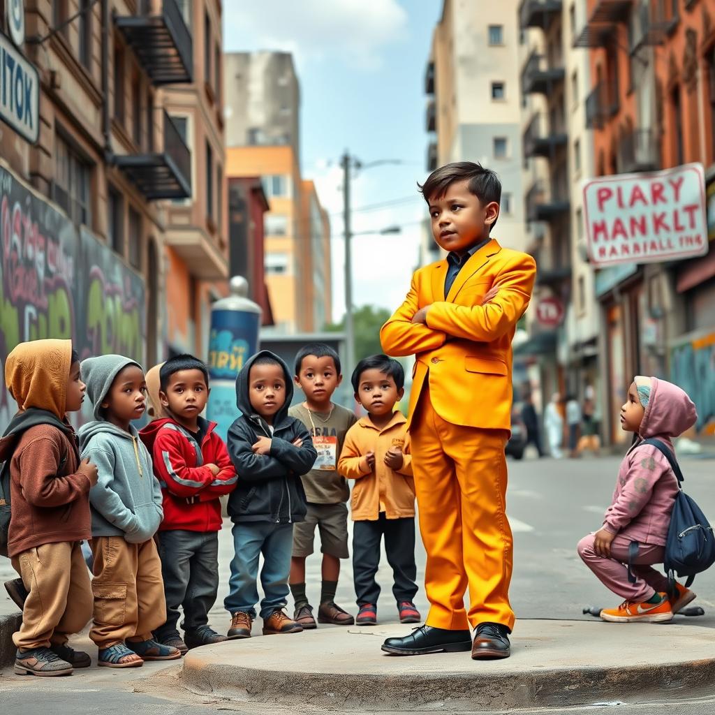 A successful child standing confidently on a city street corner, delivering an inspiring speech to a group of street children who are listening intently