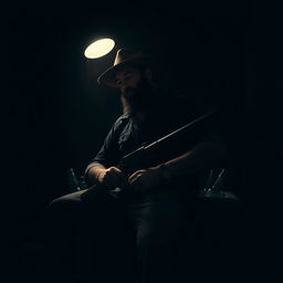 A man with a short black beard looking down, illuminated by a single light source that highlights him while he sits on a large beer cooler