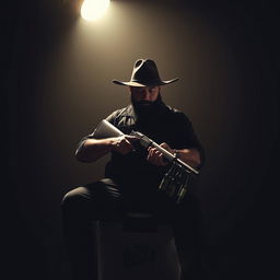 A man with a short black beard looking down, illuminated by a single light source that highlights him while he sits on a large beer cooler