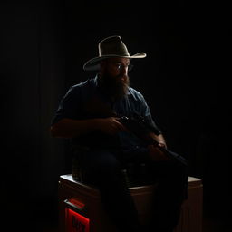 A man with a short black beard looking down, illuminated by a single light source that highlights him while he sits on a large beer cooler