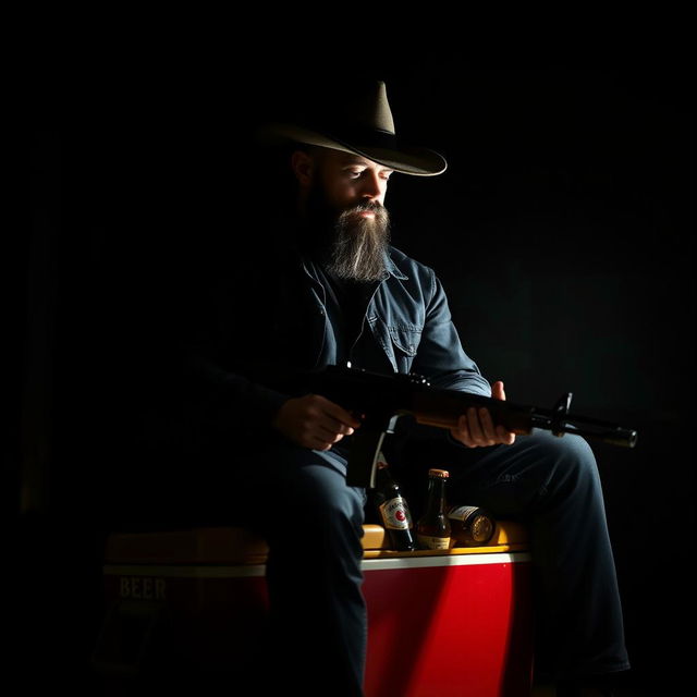 A man with a short black beard looking down, illuminated by a single light source that highlights him while he sits on a large beer cooler