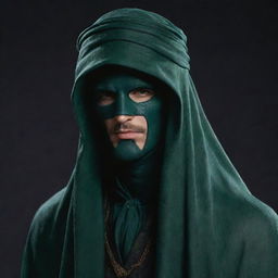 Update the male character's hat, incorporating a long, flowing veil that covers his face, adding a layer of mystique. Both pieces are elegantly accented with dark green.