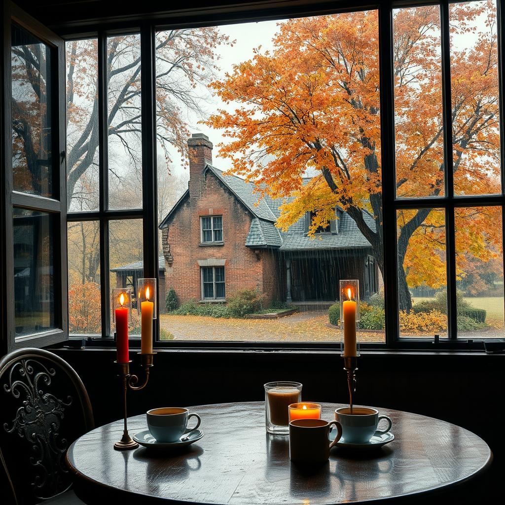 An image depicting an antique café table set with coffee and candles, illuminated by soft, dim light