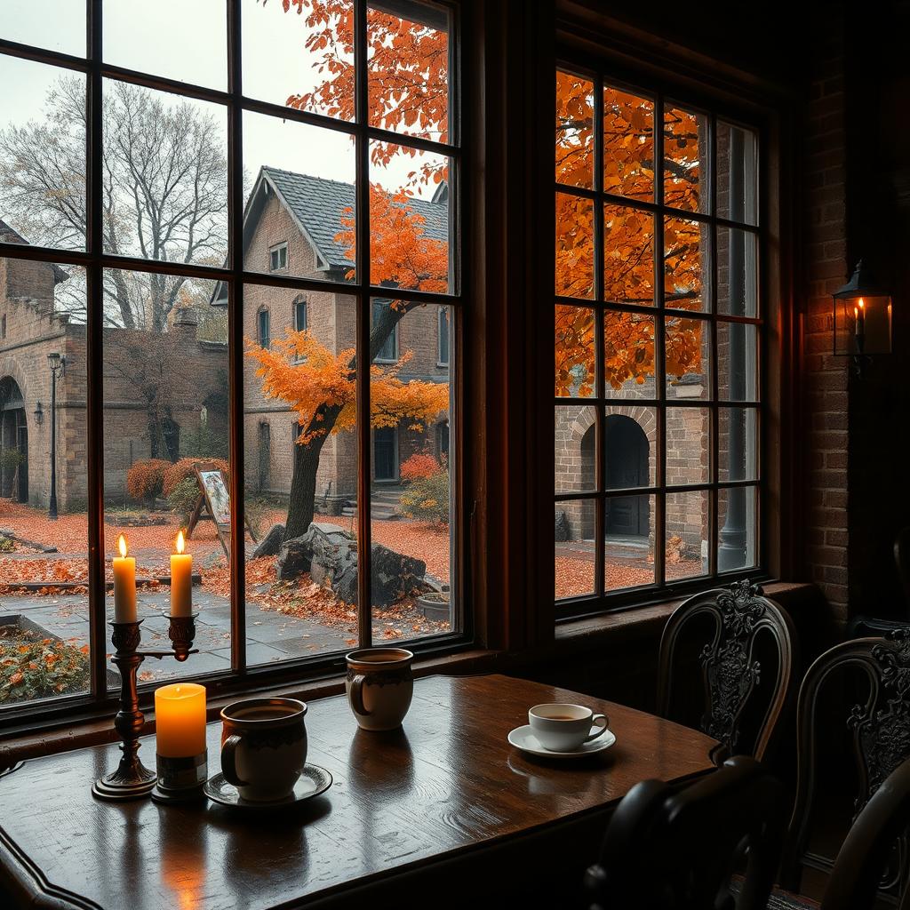 An image depicting an antique café table set with coffee and candles, illuminated by soft, dim light