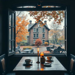 An image depicting an antique café table set with coffee and candles, illuminated by soft, dim light