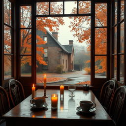 An image depicting an antique café table set with coffee and candles, illuminated by soft, dim light