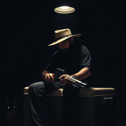 A man with short curly black hair and a black beard looking down, illuminated by a single light source that highlights him while he sits on a large beer cooler