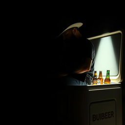 A man with short curly black hair and a black beard looking down, illuminated by a single light source that highlights him while he sits on a large beer cooler