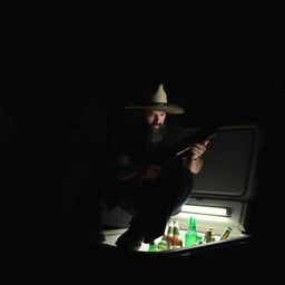 A man with short curly black hair and a black beard looking down, illuminated by a single light source that highlights him while he sits on a large beer cooler