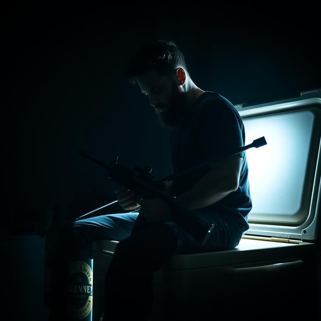 A man with short curly black hair and a black beard looking down, illuminated by a single light source that highlights him while he sits on a large beer cooler