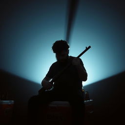 A man with short curly black hair and a black beard looking down, illuminated by a single light source that highlights him while he sits on a large beer cooler