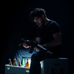 A man with short curly black hair and a black beard looking down, illuminated by a single light source that highlights him while he sits on a large beer cooler