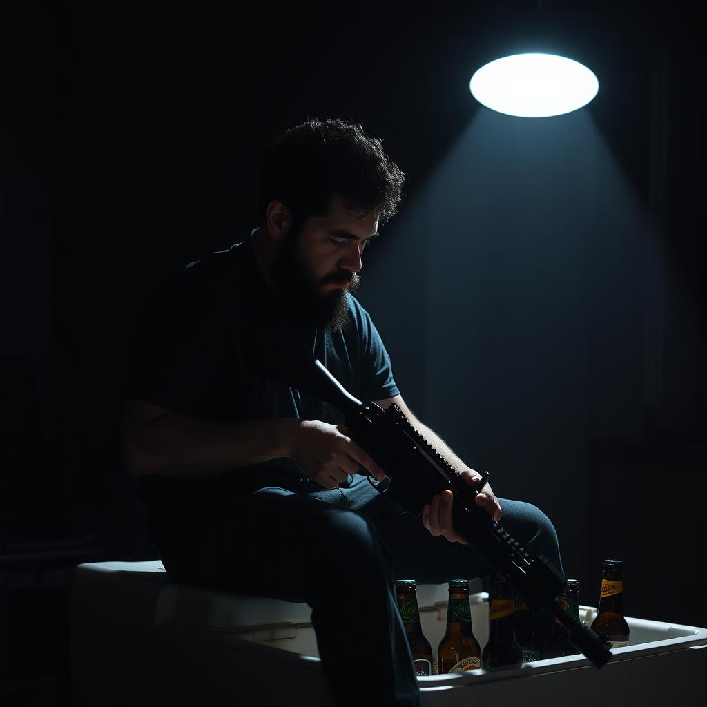 A man with short curly black hair and a black beard looking down, illuminated by a single light source that highlights him while he sits on a large beer cooler