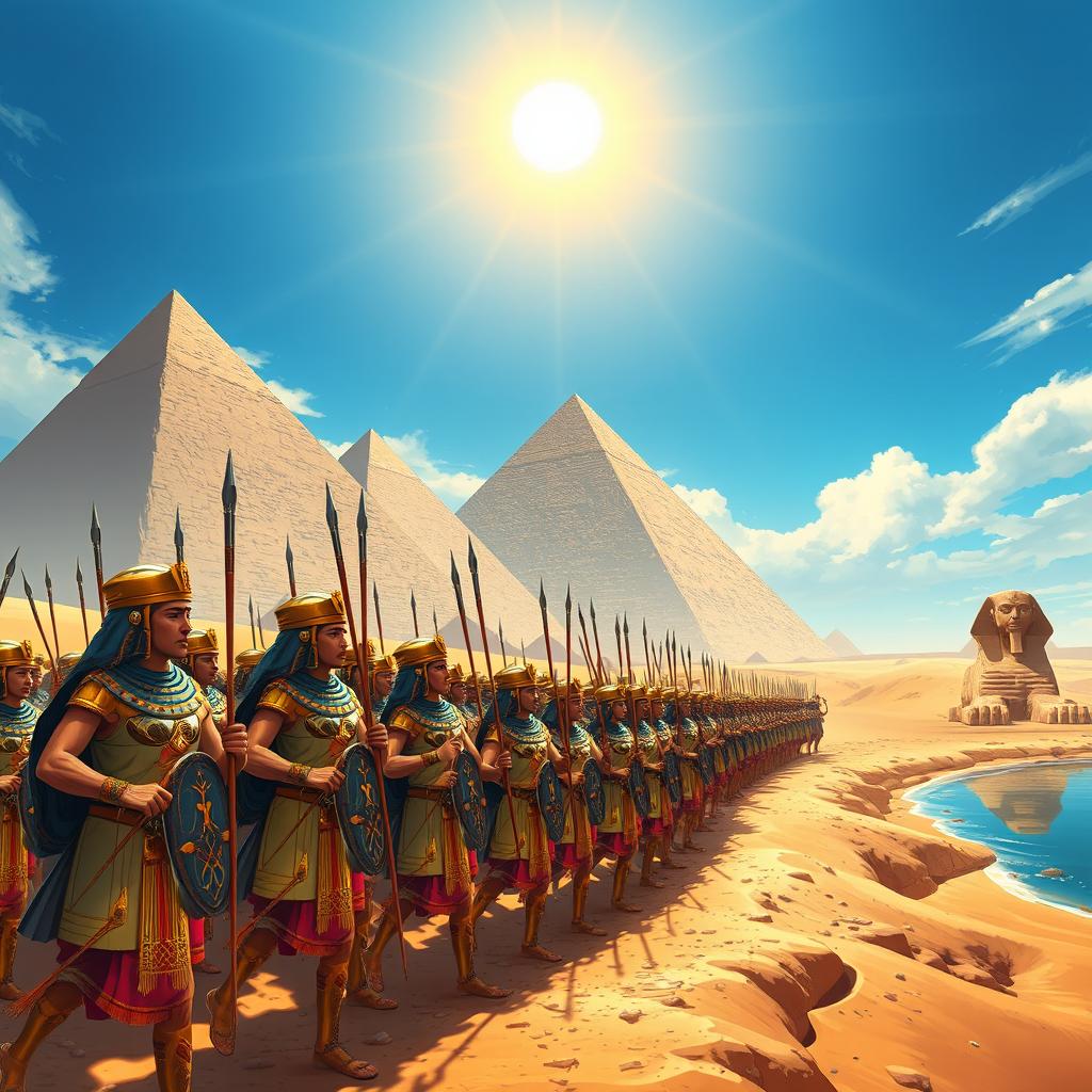 A dynamic and grand illustration of an ancient Egyptian scene depicting the army of a Pharaoh