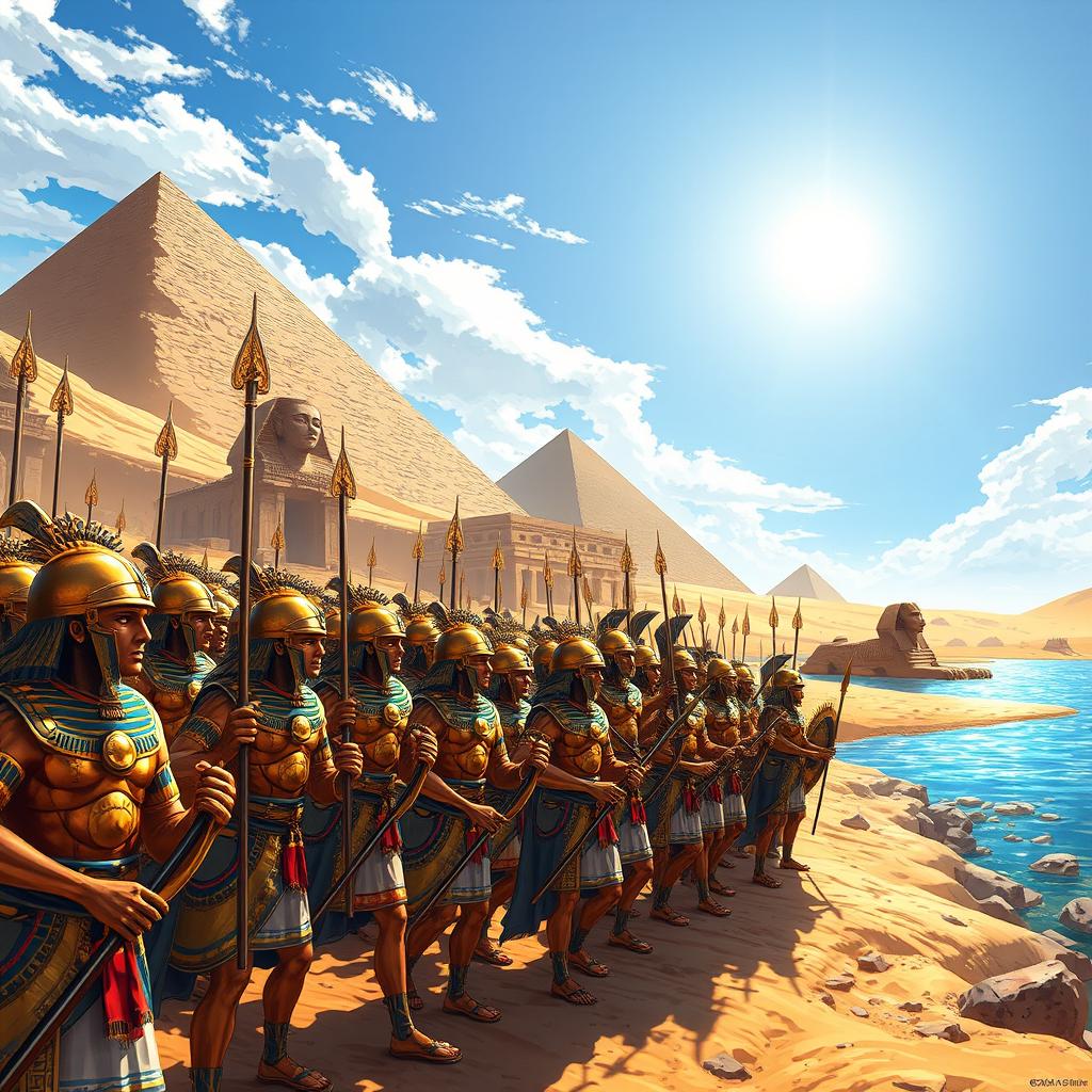 A dynamic and grand illustration of an ancient Egyptian scene depicting the army of a Pharaoh