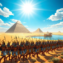 A dynamic and grand illustration of an ancient Egyptian scene depicting the army of a Pharaoh