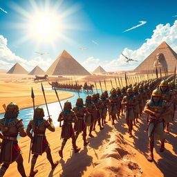 A dynamic and grand illustration of an ancient Egyptian scene depicting the army of a Pharaoh