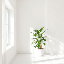 A tranquil house interior background featuring pristine, simple white walls that enhance the sense of openness and tranquility