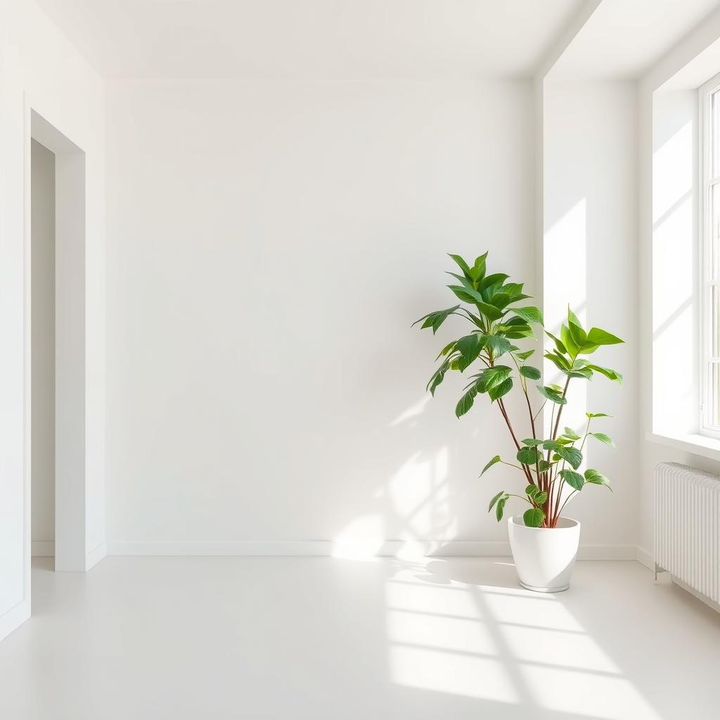 A tranquil house interior background featuring pristine, simple white walls that enhance the sense of openness and tranquility