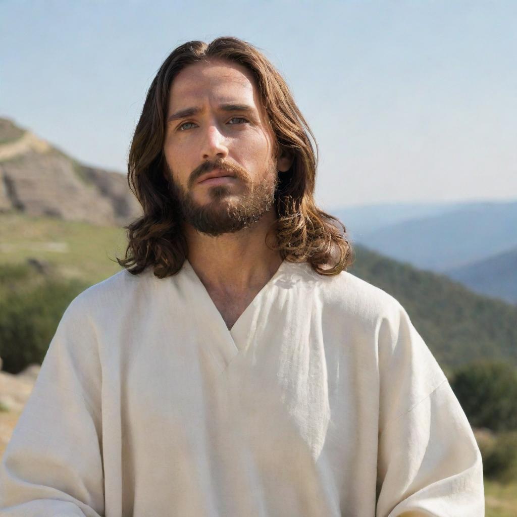 Create an image of Jesus Christ delivering the Sermon on the Mount. Christ is elevated, his followers listening attentively below. His expression is profound, demonstrating wisdom and compassion, as his message of love and humility captivates his audience.