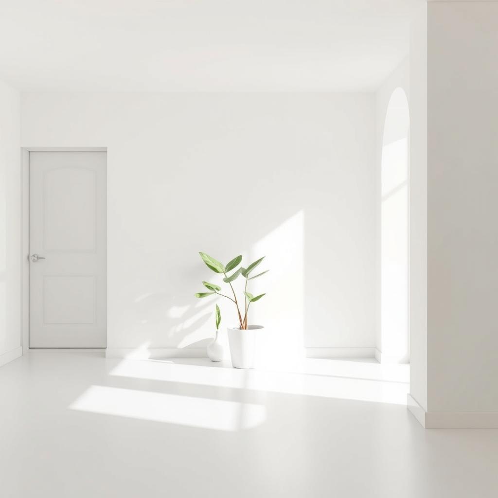 A bright and welcoming house interior background featuring simple, clean white walls that create a sense of openness and tranquility