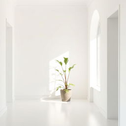 A bright and welcoming house interior background featuring simple, clean white walls that create a sense of openness and tranquility