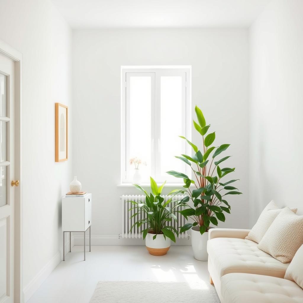 A cozy house interior background featuring simple white walls that create a bright and airy feel