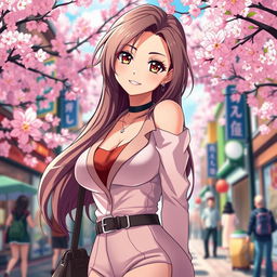 A stylish anime portrayal of a confident and beautiful woman in her 30s with an alluring smile, wearing a fashionable outfit that highlights her curves