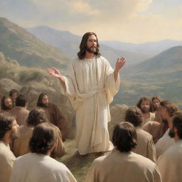 Create an image of Jesus Christ delivering the Sermon on the Mount. Christ is elevated, his followers listening attentively below. His expression is profound, demonstrating wisdom and compassion, as his message of love and humility captivates his audience.