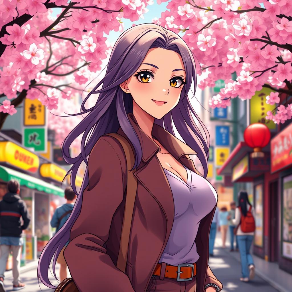 A stylish anime portrayal of a confident and beautiful woman in her 30s with an alluring smile, wearing a fashionable outfit that highlights her curves