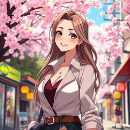 A stylish anime portrayal of a confident and beautiful woman in her 30s with an alluring smile, wearing a fashionable outfit that highlights her curves