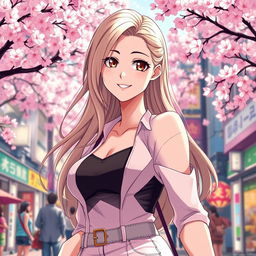 A stylish anime portrayal of a confident and beautiful woman in her 30s with an alluring smile, wearing a fashionable outfit that highlights her curves