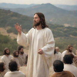 Create an image of Jesus Christ delivering the Sermon on the Mount. Christ is elevated, his followers listening attentively below. His expression is profound, demonstrating wisdom and compassion, as his message of love and humility captivates his audience.