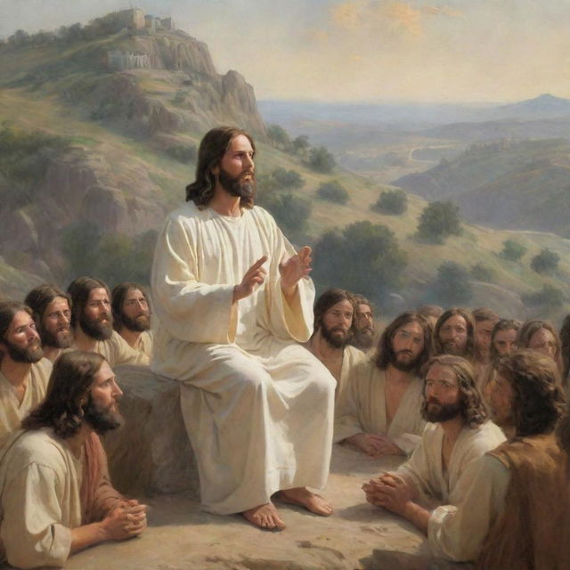 Create an image of Jesus Christ delivering the Sermon on the Mount. Christ is elevated, his followers listening attentively below. His expression is profound, demonstrating wisdom and compassion, as his message of love and humility captivates his audience.