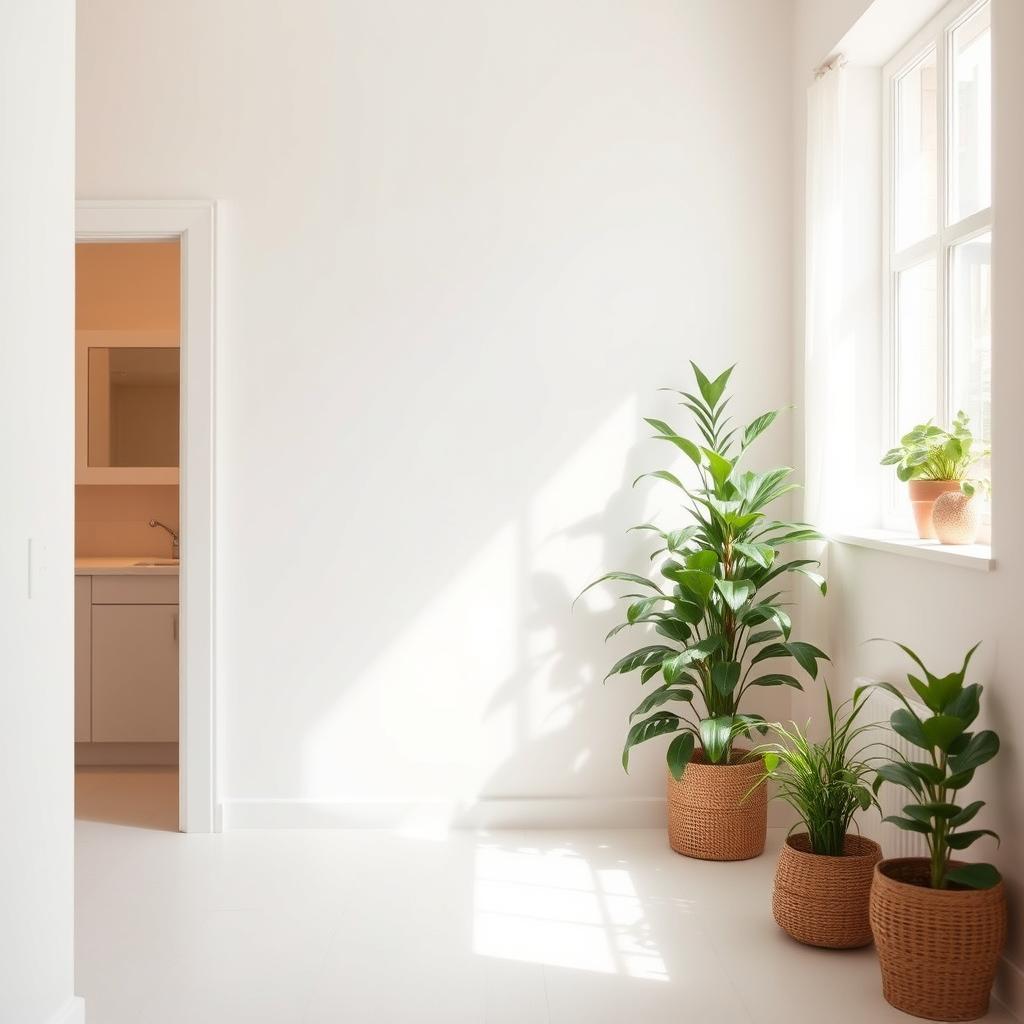 A charming house interior background characterized by simple white walls that create a bright and spacious environment