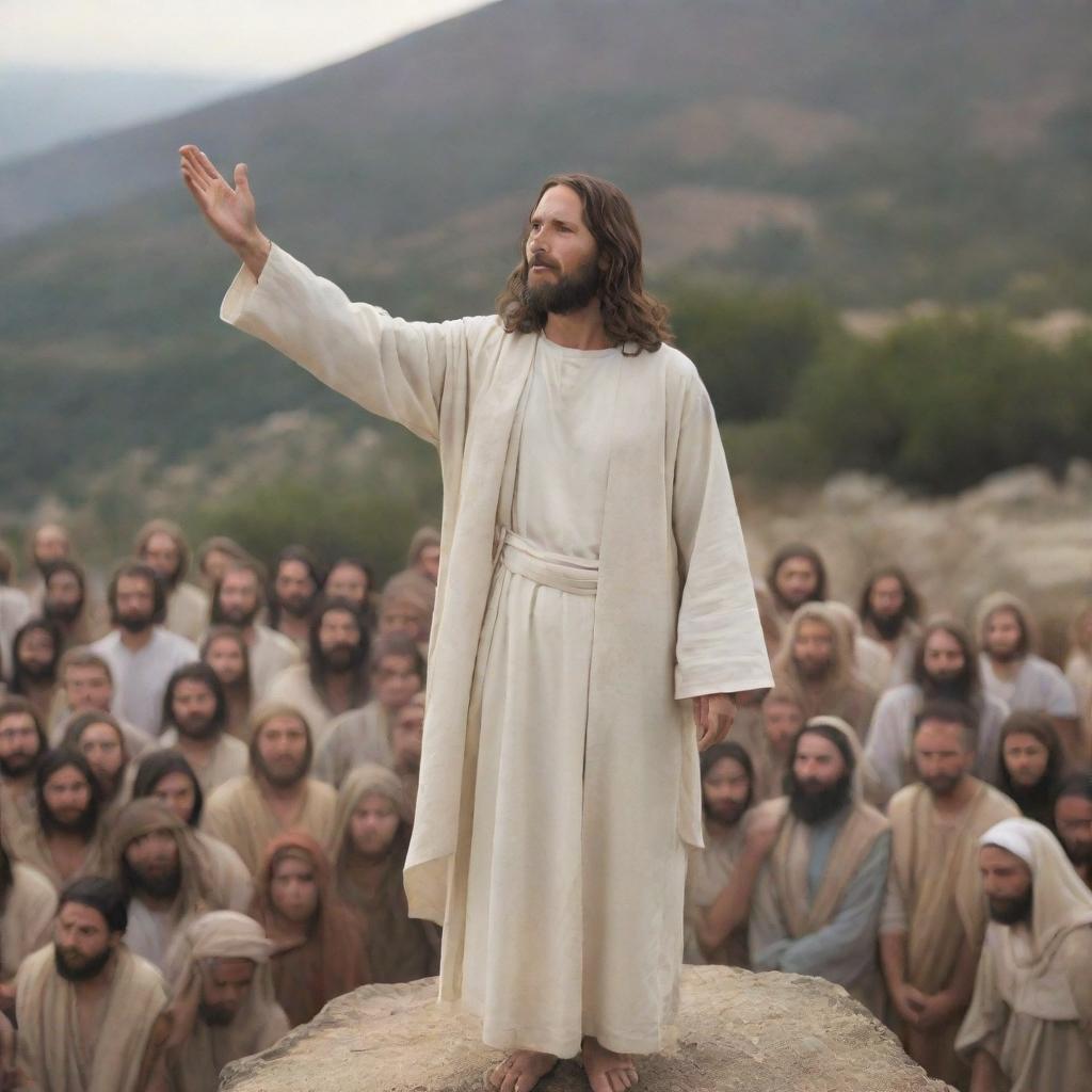 Jesus Christ delivering the Sermon on the Mount, surrounded by a multitude of followers. He stands on elevated ground, his hands raised expressively. His face communicates profound wisdom, and the audience is captivated by his teachings.