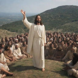 Jesus Christ delivering the Sermon on the Mount, surrounded by a multitude of followers. He stands on elevated ground, his hands raised expressively. His face communicates profound wisdom, and the audience is captivated by his teachings.