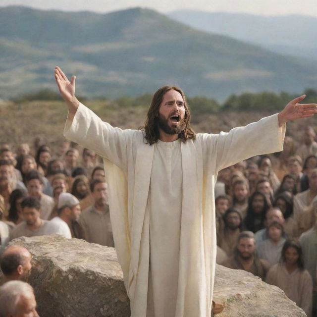 Jesus Christ delivering the Sermon on the Mount, surrounded by a multitude of followers. He stands on elevated ground, his hands raised expressively. His face communicates profound wisdom, and the audience is captivated by his teachings.