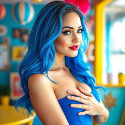 A stunning, attractive woman with vibrant blue hair, posing confidently while tastefully covering her breasts, showcasing her alluring figure